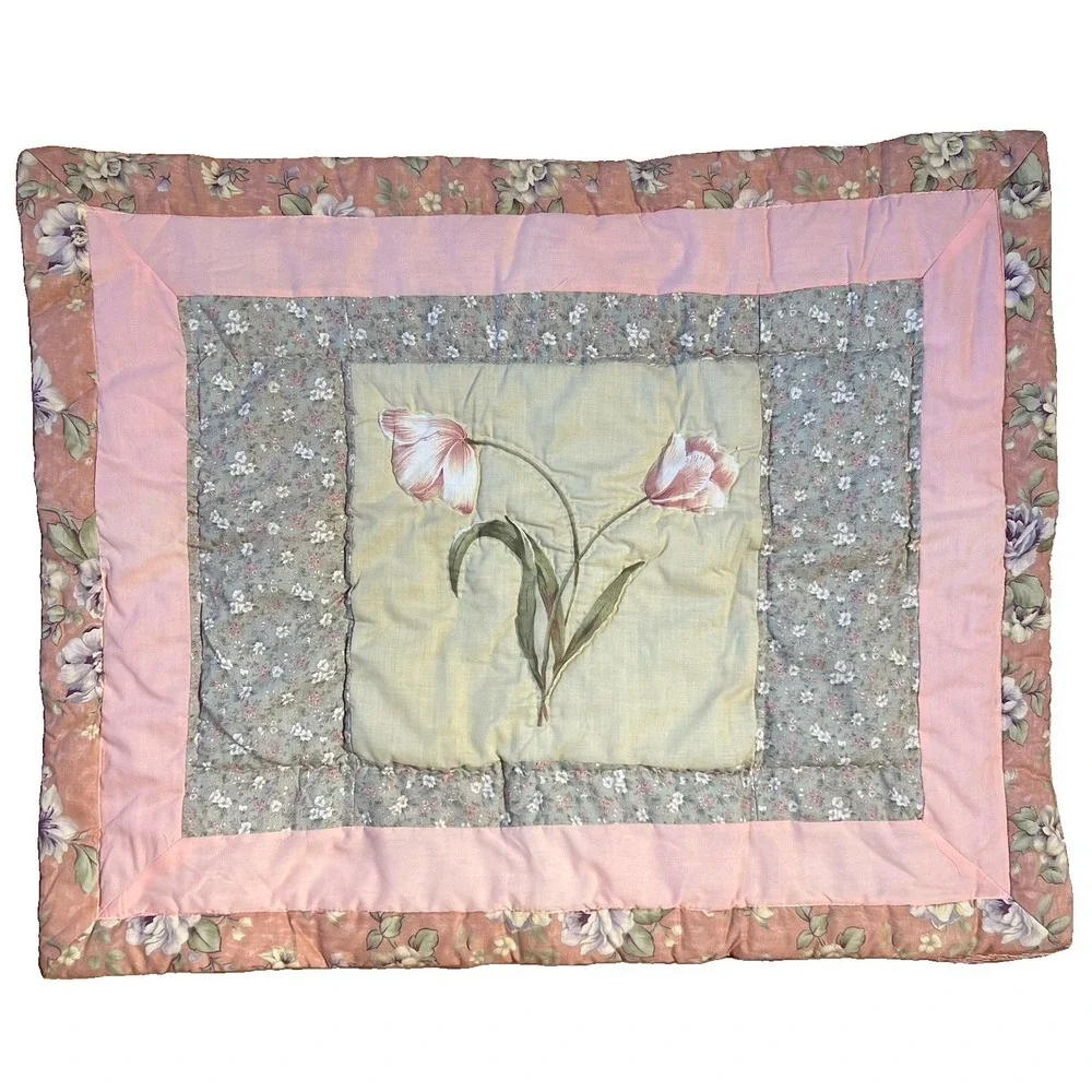 Vintage Sunham Queen Comforter Shams Tulip Floral Patchwork Sage Pink Cottage